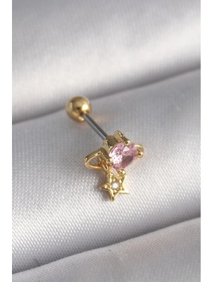 Lola Aksesuar 316L Çelik Gold Renk Pembe Zirkon Taşlı Sallantı Yıldız Detay Tragus Piercing