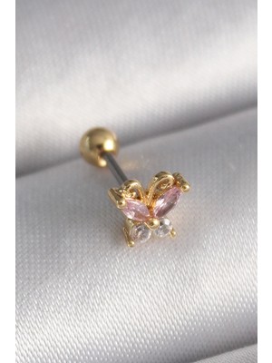 Lola Aksesuar 316L Çelik Gold Renk Pembe Zirkon Taşlı Kelebek Tragus Piercing