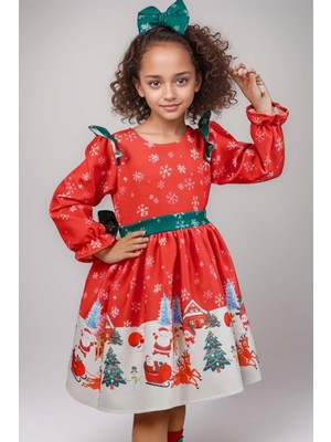 Kız Çocuk Omuzları Fırfırlı Geyik ve Kar Tanesi Baskılı Kırmızı Noel Elbise