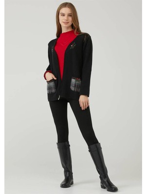 Sementa Nakışlı Cepli Fermuarlı Bayan Triko Ceket