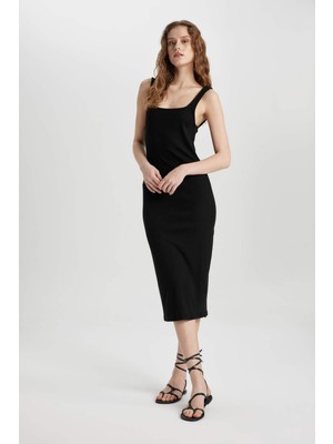 DeFacto Bodycon Vücuda Oturan Basic Düz Kare Yaka Fitilli Kaşkorse Kolsuz Midi Elbise Z7577AZ24SM