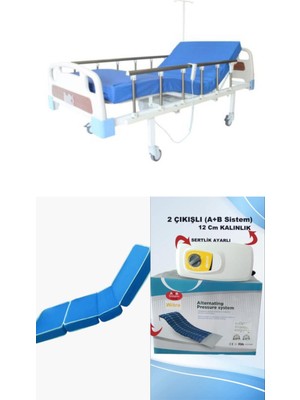2 Motorlu Abs Başlıklı Tabanca Korkuluklu Hasta Karyolası +A+B Sistemli  Boru Tipi 12 cm Havalı Yatak Takım