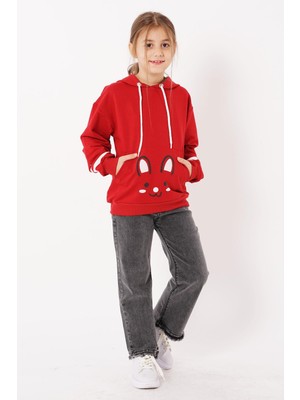 Kapüşonlu Uzun Kol Kırmızı Renk Kız Çocuk Sweatshirt
