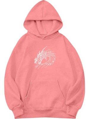 BRZ Collection Unisex Oversize Dragon Kristal Taş Baskılı Hoodie Pembe