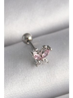 Kaufhier 316L Çelik Gümüş Renk Pembe Zirkon Taşlı Kelebek Tragus Piercing - TJ-PR1241