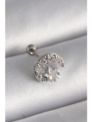 Kaufhier 316L Çelik Gümüş Renk Zirkon Taşlı Ay Yıldız Tragus Piercing - TJ-PR1257