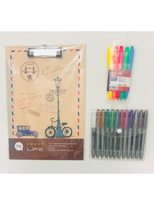 Südor Desenli Sekreterlik - Kalem Tip Fosforlu Kalem Canlı 5 Renk - Permanent Marker Metalik 12 Renk