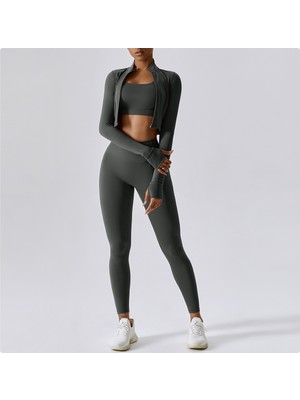 Yuna Sport Kadın 3’lü Parmak Geçmeli Spor Ceket, Spor Bra ve Arkası Büzgülü Spor Tayt Spor Takımı
