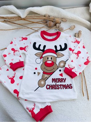 Bilge Trend Merry Christmas Baskılı Yılbaşı Yeni Yıl Etnik Desen Geyikli Çocuk Pijama Takım