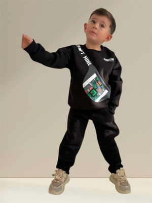 Şeker Kids Erkek Çocuk Pamuklu 3 Iplik Şardonlu Siyah Minecraft Figürlü Eşofman Takımı