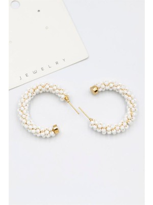 Royaleks Kristal Boncuk Halka Küpe - Beyaz