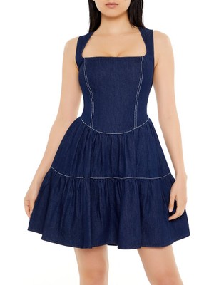 F21 Chambray Dar Kesim Mini Elbise