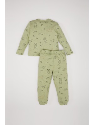 DeFacto Erkek Bebek Pijama Takımı Ayı Baskılı Uzun Kollu Fitilli Kaşkorse Üst Beli Lastikli Uzun Alt D7151A524WN