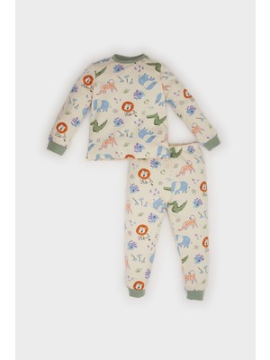 DeFacto Erkek Bebek Pijama Takımı Safari Baskılı Bisiklet Yaka Uzun Kollu Üst Beli Lastikli Uzun Alt D7153A524WN