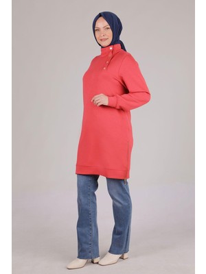 Ottoman Wear Büyük Beden Çıtçıt Detaylı Tunik Mercan OTW2052