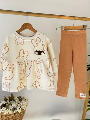 Tavşan Desenli 3 Iplik Şardonlu Pamuklu Elbise ve Taytlı Takım