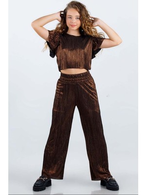 Riccotarz Kız Çocuk Parlak Kumaş Varaklı Bluz Pliseli Bol Kesim Pantolon Metal Rengi Alt Üst Takım