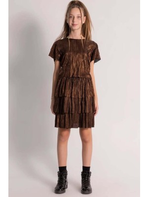 Riccotarz Kız Çocuk Parlak Kumaş Varaklı Bluz Pliseli Metal Rengi Etekli Takım