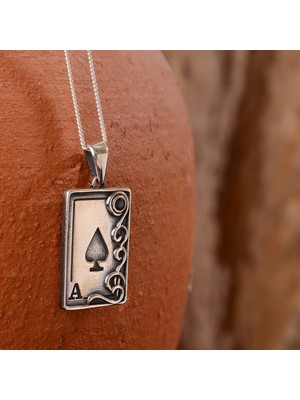 Ebrar Silver Gümüş Maça As Kolye 925 Ayar Gümüş Maça As Figürlü Erkek Kolye