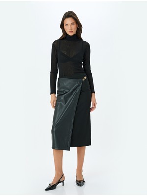 Koton Metal Detaylı Suni Deri Detaylı Kruvaze Midi Etek