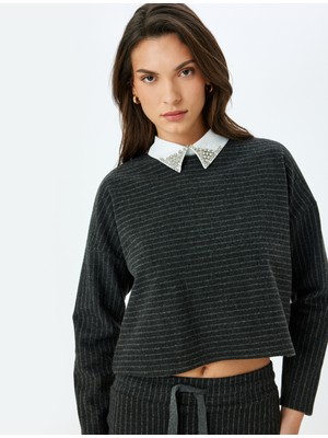 Koton x Şahika Ercümen -  Uzun Kollu Gömlek Yaka Çizgili Taşlı Kazak