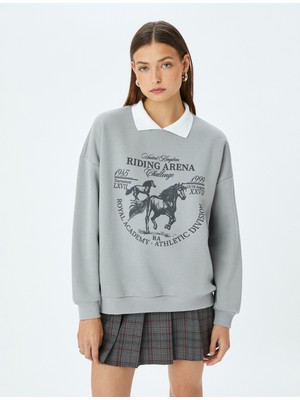 Koton Polo Yaka Slogan Baskılı Şardonlu Oversize Sweatshirt