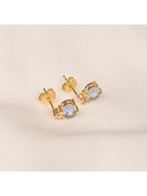 Fasek Gold 925 Ayar Gümüş Oval Blue Topaz Taşlı Tektaş Küpe