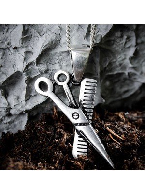 Ebrar Silver Gümüş Tarak & Makas Kolye 925 Ayar Gümüş Mat Tarak-Makas Unisex Kolye