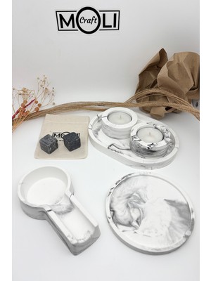 Moli Craft Mermer Desenli Tekli Puro Küllüğü 1 Adet  Bardak Altlığı 2 Adet Viski Taşı 2 Adet Mumluk ve Tabağı