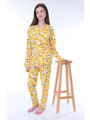 Sarı Papatya Desenli Düğmeli %100 Pamuk Kız Çocuk Pijama Takımı