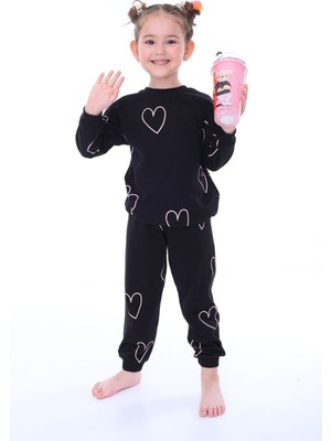 Kalp Desenli Siyah Kız Çocuk Pijama Takımı