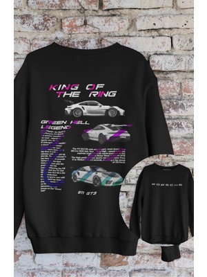 Fuddy Moda Unisex King Of The Ring Sırt Baskılı Kapüşonsuz Sweatshirt, Oversize Porsche Baskılı Sweatshirt