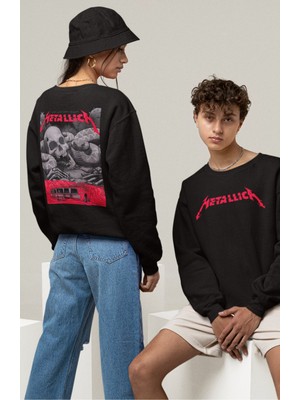Fuddy Moda Unisex Metallica Yılan Sırt Baskılı Kapüşonsuz Sweatshirt, Oversize Rock Band Baskılı Sweatshirt