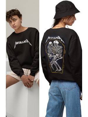 Fuddy Moda Unisex Metallica Iskelet Sırt Baskılı Kapüşonsuz Sweatshirt, Oversize Rock Band Baskılı Sweatshirt
