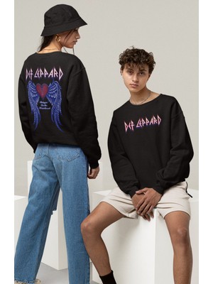 Fuddy Moda Unisex Def Leppard V2 Sırt Baskılı Kapüşonsuz Sweatshirt, Oversize Rock Band Baskılı Sweatshirt