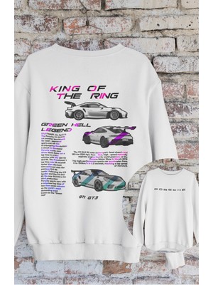 Unisex King Of The Ring Sırt Baskılı Kapüşonsuz Sweatshirt, Oversize Porsche Baskılı Sweatshirt