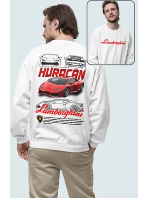 Fuddy Moda Unisex Lamborghinii Huracan Sırt Baskılı Kapüşonsuz Sweatshirt, Oversize Araba Temalı Sweatshirt