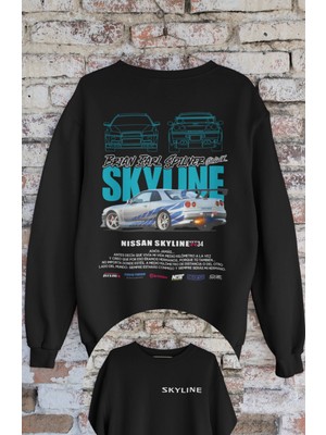 Fuddy Moda Unisex Skyline Paul Walker Imza Sırt Baskılı Kapüşonsuz Sweatshirt,oversize Araba Temalı Sweatshirt