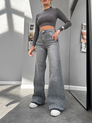 Gri Paça Püsküllü Wide Leg Jean