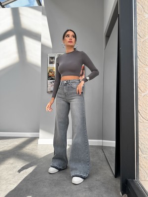 Gri Paça Püsküllü Wide Leg Jean