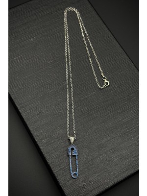 Frnch 925 Ayar Gümüş Çengelli Iğne Model Lacivert Zirkon Taşlı Erkek Kolye FRJ30759-859-L2