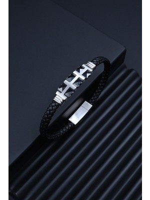 Frnch 316L Çelik Italyan Model Gümüş Renk Deri Erkek Bileklik FRJ12285-3285-A