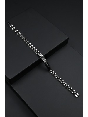 Frnch 316L Çelik Italyan Model Zirkon Taşlı Gümüş-Siyah Renk Erkek Bileklik FRJ12267-3267-AB2