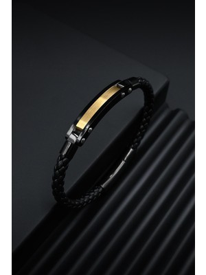 Frnch 316L Çelik Italyan Model Siyah-Altın Renk Deri Erkek Bileklik FRJ12264-3264-B2G