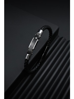 Frnch 316L Çelik Italyan Model Siyah Renk Deri Erkek Bileklik FRJ12261-3261-B2