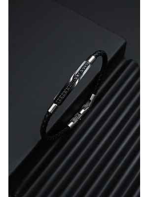 Frnch 316L Çelik Italyan Model Siyah-Gümüş Renk Deri Erkek Bileklik FRJ12287-3287-A