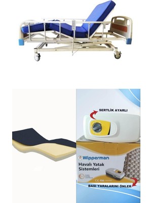 Witra emek sağlık 3 Motorlu Abs Başlıklı Tabanca Korkuluklu Hasta Karyolası + Visco Yatak + Baklava Tipi Havalı Yatak Takım