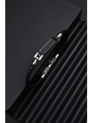 Frnch 316L Çelik Italyan Model Siyah-Gümüş Renk Deri Erkek Bileklik FRJ12288-3288-A