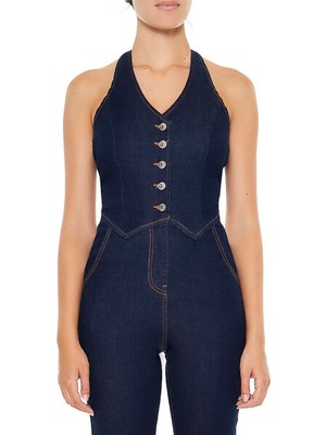 Denim Halter Yaka Tulum