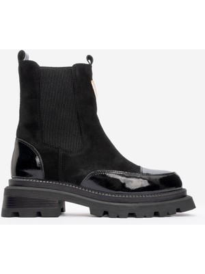 Kadın Kalın Taban Chelsea Bot Gerçek Deri Rc 37506 Rugan Siyah